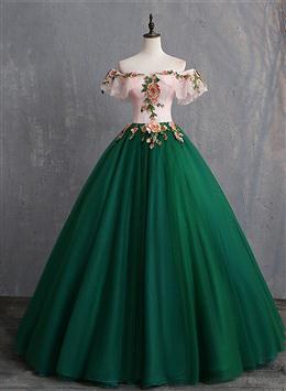 Picture of Pretty Green Off Shoulder Tulle with Lace Formal Gown, Green Evening Sweet 16 Dress